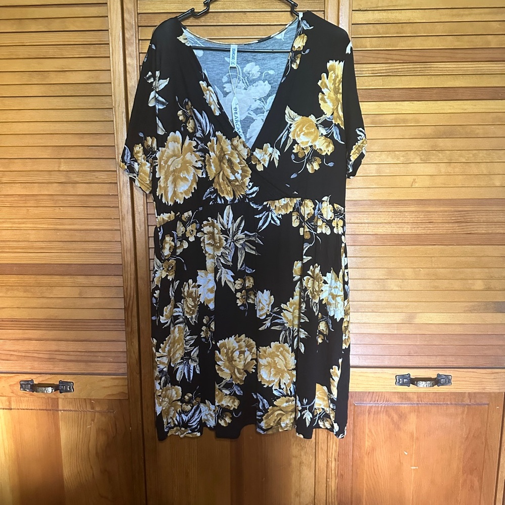 Black Floral V-Neck Wrap Midi Dress with Mustard Blooms
